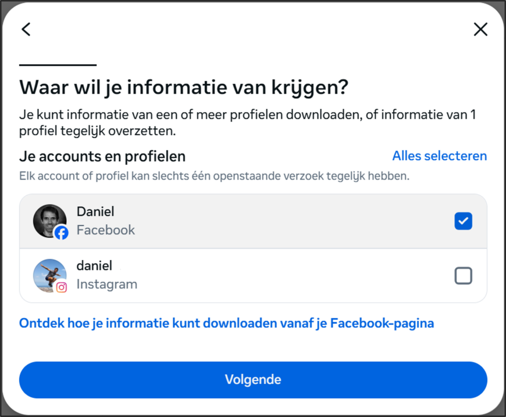 Facebook informatie selecteeren